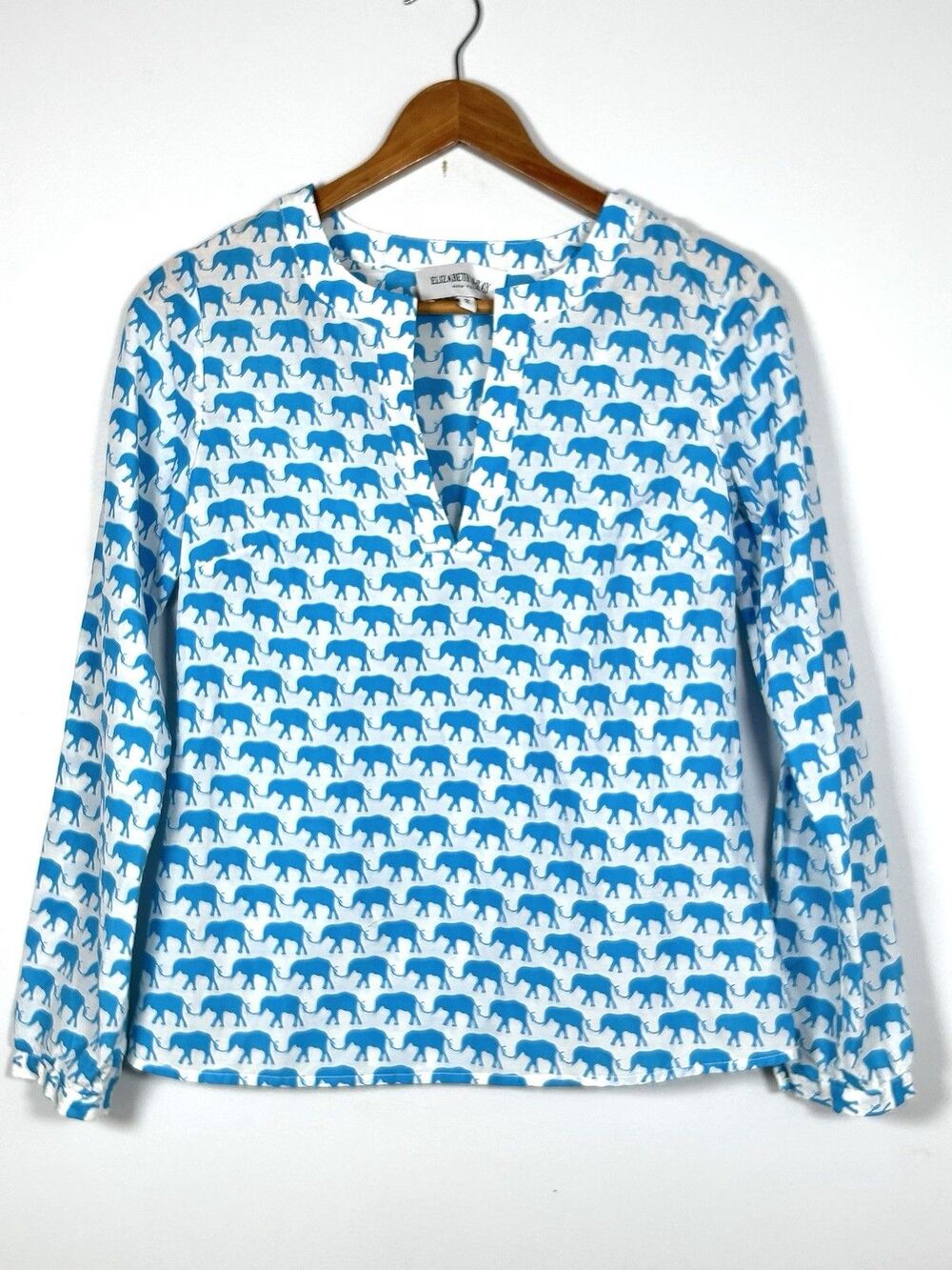 Elizabeth McKay Elephant Print Silk Cotton Tunic Top Blouse Blue White Size 2
